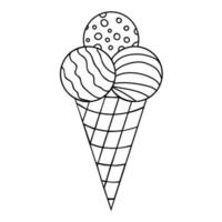 Black thin line doodle ice cream with three balls in the waffle cup. vector