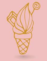 lindo cono de helado lineal de oro con chocolate, lollipop aislado sobre fondo rosa. tarjeta, cartel, pegatina. vector