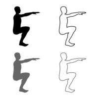 Crouching Man doing exercises crouches squat Sport action male Workout silhouette side view icon set grey black color illustration outline flat style simple image vector