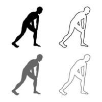 hombre haciendo ejercicios para calentar la acción deportiva silueta de entrenamiento masculino antes de ejecutar el conjunto de iconos de vista lateral ilustración de color negro gris esquema de estilo plano imagen simple vector