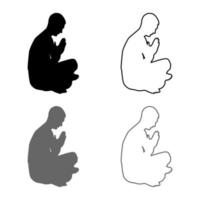 Man praying silhouette icon set grey black color illustration outline flat style simple image vector