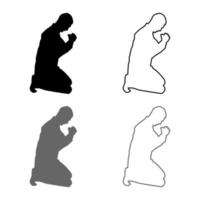 Man pray on his knees silhouette icon set grey black color illustration outline flat style simple image vector