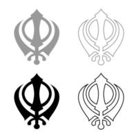 khanda símbolo sikhi signo icono conjunto gris negro color vector