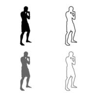 Fighter in fighting stance Man doing exercises Sport action male Workout silhouette side view icon set grey black color illustration outline flat style simple image vector