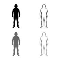 Man in the hood concept danger silhouette front side icon set grey black color illustration outline flat style simple image vector