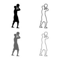 Basketball player throws a basketball Man shooting ball side view icon set grey black color illustration outline flat style simple image vector