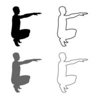 Crouching Man doing exercises crouches squat Sport action male Workout silhouette side view icon set grey black color illustration outline flat style simple image vector