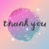 Thank you postcard with hand drawn words, lettering, grunge circle, stars. Cosmic style. vector