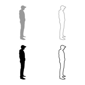 Man standing in cap view with side icon set grey black color illustration outline flat style simple image vector