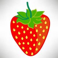 Red summer strawberry with yellow seeds and green leaves isolated on white background. Cartoon style. vector