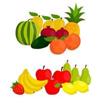 Cute different fruit in flat style composition isolated on white background. Fair of harvest. Wind with fruits. Pineapple and watermelon, apple and strawberry, pear and lemon. vector