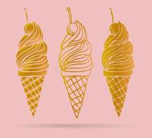 conjunto de lindo cono de helado de oro con cereza aislado sobre fondo rosa. tarjeta, cartel, pegatina. vector