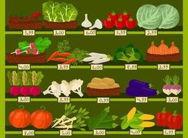 Vegetables market with shelves and prices.  Eco supermarket, ripe, healthy, organic grocery store. vector