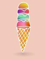 Colorful ice cream balls in cone with white contour and grunge texture isolated on pink background. vector