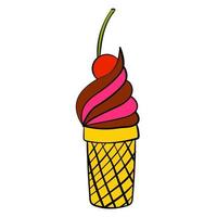 Cartoon doodle ice cream in cone with cherry isolated on white background. vector