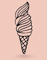 Cute black linear ice cream cone with isolated on pink background. Card, poster, sticker. vector