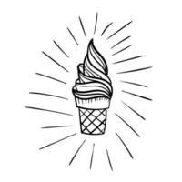 Cute black linear ice cream cone with pop art rays isolated on white background. Card, poster, sticker. vector