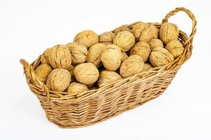 Unpeeled ripe walnuts on white background. Studio Photo