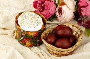 Preparation for celebration of Easter. Homemade cake and red colored eggs. Studio Photo