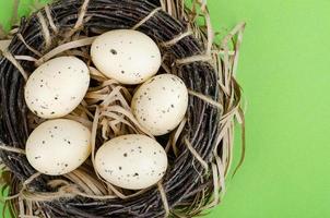 Top view of color easter haqndmade eggs and nest flatlay. Trendy minimal design spring background. Space for text. Stuio Photo