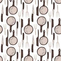 Kitchenware seamless pattern. Doodle fork, frying pan, table knife background. vector