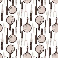 Kitchenware seamless pattern. Doodle fork, frying pan, table knife background. vector