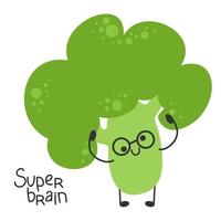 Broccoli cartoon character wearing glasses. Funny and cute vegetable. Genius smart brainiac.