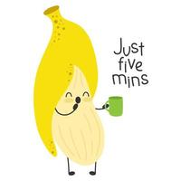 Sleepy banana character yawns with a cup of coffee. 5 more minutes
