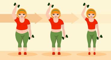 girl is loosing weight in proces. Stages of loosing weight. Great results in sports. Vector illustration for gym posters.Weight loss stages before and after