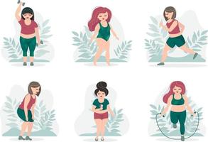 Body positive. Happy plus size girls active healthy lifestyle. Vector illustration.