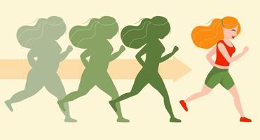 Running girl is loosing weight in proces. Stages of loosing weight. Great results in sports. Vector illustration for gym posters.Weight loss stages before and after