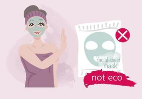 Girl reject facial sheet masks because of eco harm to the environment. Facial sheet masks not eco friendly. Save planet. Ecological concept. vector