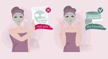 Girl reject facial sheet masks because of eco harm to the environment. She chooses clay mask. Facial sheet masks not eco friendly. Save planet. Ecological concept. vector