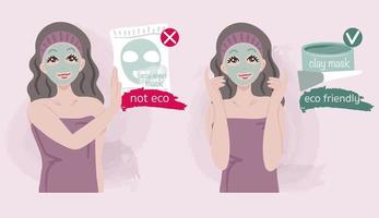 Girl reject facial sheet masks because of eco harm to the environment. She chooses clay mask. Facial sheet masks not eco friendly. Save planet. Ecological concept. vector