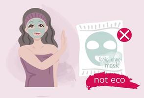 Girl reject facial sheet masks because of eco harm to the environment. Facial sheet masks not eco friendly. Save planet. Ecological concept. vector