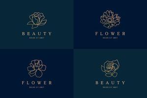 Vector set of hand draw vector line flowers logo illustrations. Floral wreath. Botanical golden luxury emblem. Use for cosmetics, spa, beauty products. Boutique, Hotel, Restaurant, Jewelry.