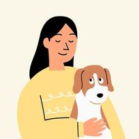 la mujer abraza y abraza felizmente al perro. linda ilustración vectorial de dibujos animados. vector