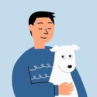 The man hugs and cuddles with the dog happily. Cute cartoon vector illustration.
