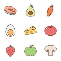 Healthy food icons set. Cute colorful icons apple, egg, avocado, cheese, carrot, tomato, strawberry, champignon and salmon steak. Vector illustration isolated on white background