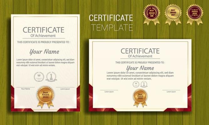 Red and gold appreciation certificate border template with luxury badge and modern line pattern. For appreciation, business and educational needs