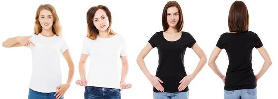 Conjunto de camisetas, vistas frontal y posterior mujer en camiseta en blanco y negro, maqueta, espacio de copia, camiseta de tres mujeres foto