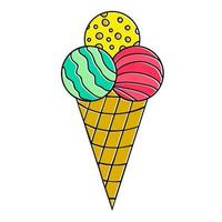 Colorful ice cream with three balls in the waffle cup with thin black contour. vector