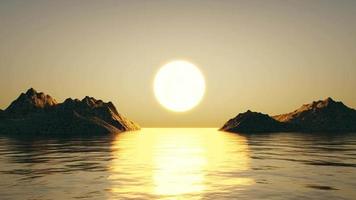 Sunset in the middle of the sea between the islands. The golden rays of the evening sunset. The morning sun is rising in the middle of the sea. 3D Rendering