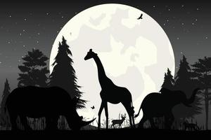 cute animal and moon silhouette vector