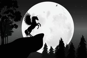 linda silueta de unicornio y luna vector