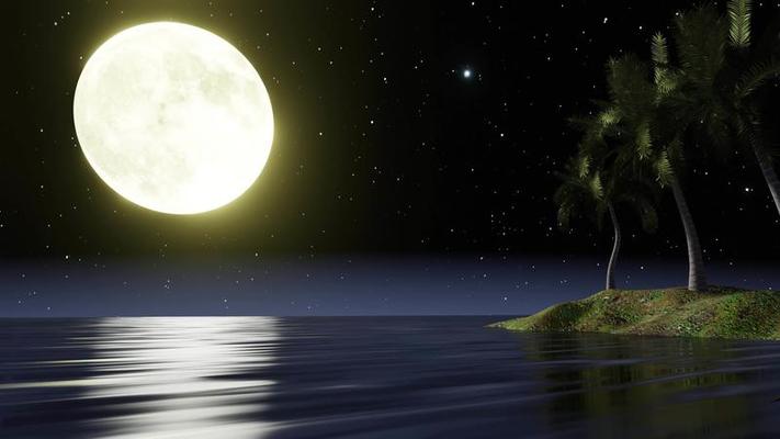 full moon night Clear sky full of stars in the sky. sea waves or ocean  There is a reflection of the moon. fantasy For use as background or  wallpaper. 3D rendering. 5901139