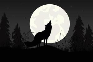 linda silueta de lobo y luna vector