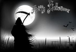 Halloween background -  a man silhouette of black scary scytheman standing   on night full moon vector