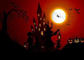 Halloween background with silhouettes of children on day night vector