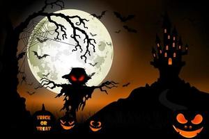 Halloween background with ghost, scary house and pumpkins on the full moon vector